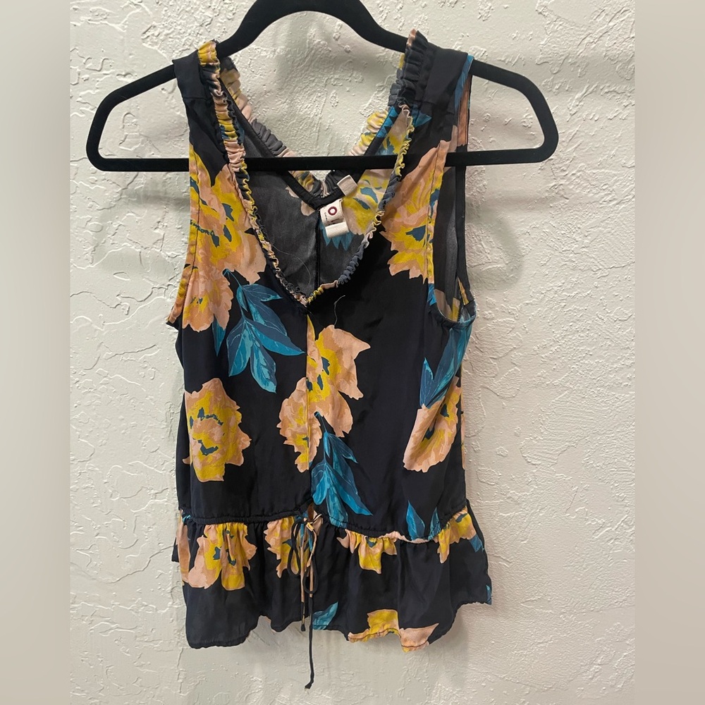 Anthropologie dolan Black Floral Ruffle-Trim Camisole with Drawstring